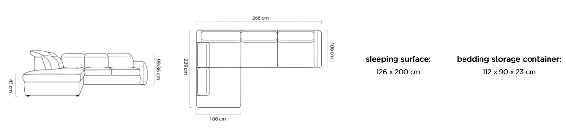 Rohová sedacia súprava ALIVE L s vyznačenými rozmermi 268 × 229 cm, hĺbkou 106 cm, výškou 99/86 cm, výškou sedu 45 cm, spacou plochou 126 × 200 cm a úložným priestorom 112 × 90 × 23 cm.